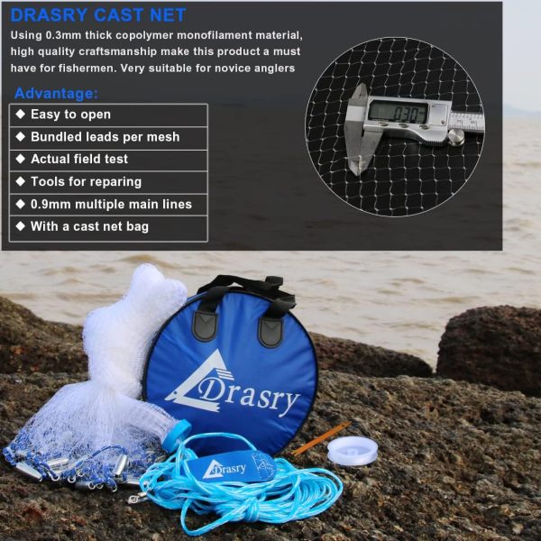 Drasry Saltwater American Fishing Cast Net 3/8inch Mesh Size for Bait Shrimp Trap Fish Heavy Duty Sinkers Throw Net 3FT/4FT/5FT/6FT/7FT/8FT/9FT/10FT Radius - Image 2