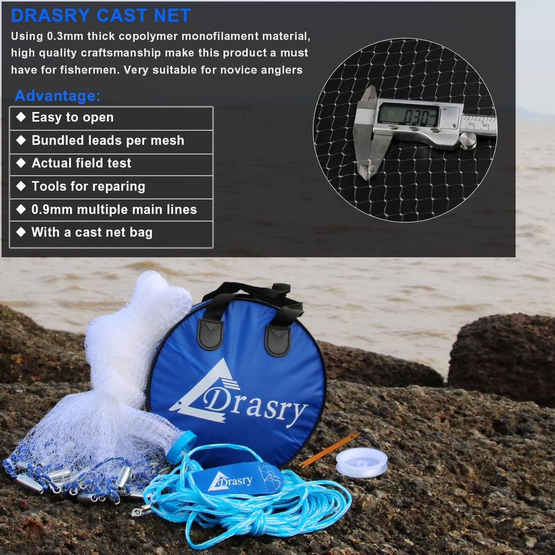 Drasry Saltwater American Fishing Cast Net 3/8inch Mesh Size for Bait Shrimp Trap Fish Heavy Duty Sinkers Throw Net 3FT/4FT/5FT/6FT/7FT/8FT/9FT/10FT Radius - Image 2