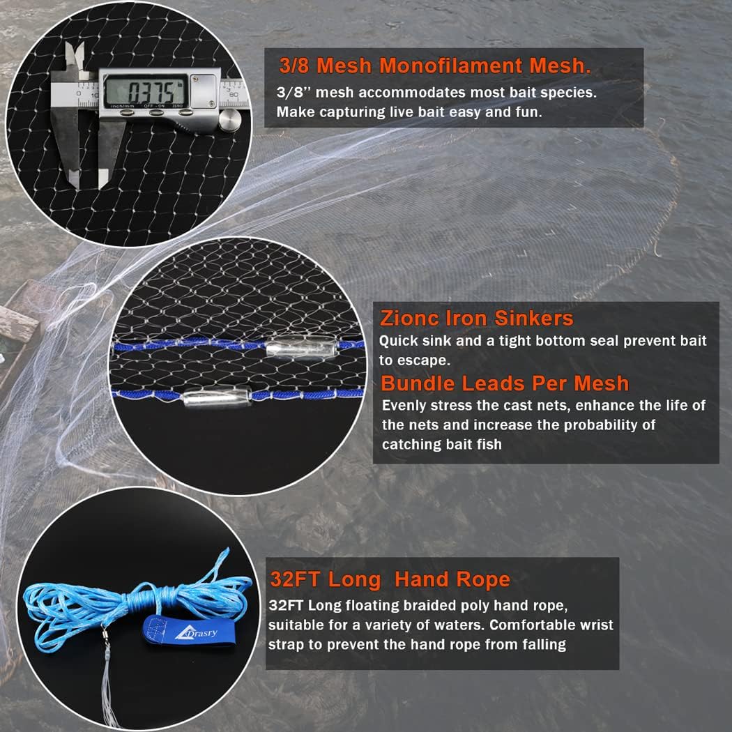 Drasry Saltwater American Fishing Cast Net 3/8inch Mesh Size for Bait Shrimp Trap Fish Heavy Duty Sinkers Throw Net 3FT/4FT/5FT/6FT/7FT/8FT/9FT/10FT Radius - Image 3