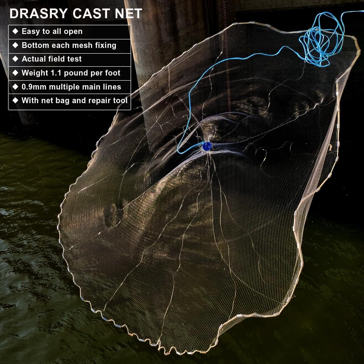Drasry Saltwater American Fishing Cast Net 3/8inch Mesh Size for Bait Shrimp Trap Fish Heavy Duty Sinkers Throw Net 3FT/4FT/5FT/6FT/7FT/8FT/9FT/10FT Radius - Image 4