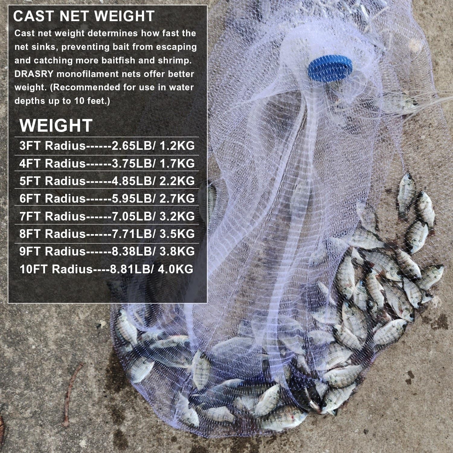 Drasry Saltwater American Fishing Cast Net 3/8inch Mesh Size for Bait Shrimp Trap Fish Heavy Duty Sinkers Throw Net 3FT/4FT/5FT/6FT/7FT/8FT/9FT/10FT Radius - Image 5